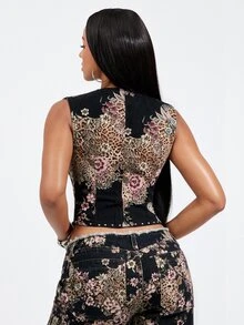 Denimoi Studded Zip Front Top Sexy Tops Fashion Top Snake Print Going Out GNO Clubwear Clubbing Concert - Multicolor - View 3