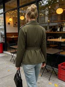 SHEIN PariChic 女款秋冬基礎款鈕扣裝飾收腰長袖風衣外套 - 軍綠色 - 查看 3