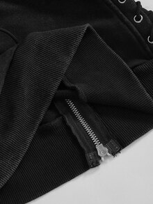 ROMWE Street Life Dark Grey Street Style Slimming Hooded Sweatshirt With Letter Patch Embroidery For Women - Dark Grey - View 6