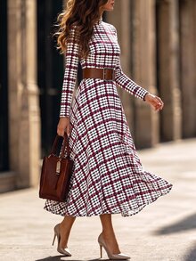 Editum Women's Plaid Casual Party Mid-Length Dress - Burgundy - View 3