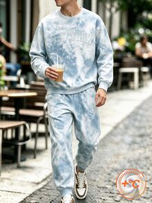 SHEIN 2件組青少年男孩壓紋字母長袖抓絨套頭衛衣與運動長褲套裝，返校秋季穿搭 - 淺藍色 - 查看 1