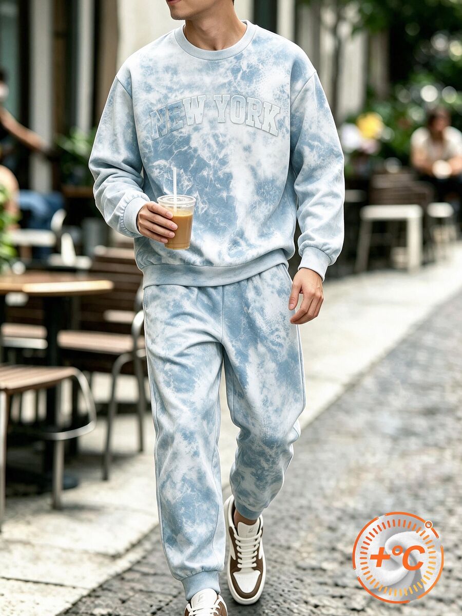 SHEIN 2件組青少年男孩壓紋字母長袖抓絨套頭衛衣與運動長褲套裝，返校秋季穿搭 - 淺藍色 - 查看 1