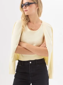 KÆRIA Hus Scoop Neck Sleeveless Knit Top & Cardigan Set - Linen Blend Knit - Butter Yellow - Minimalist, Layering, Preppy - Apricot - View 1
