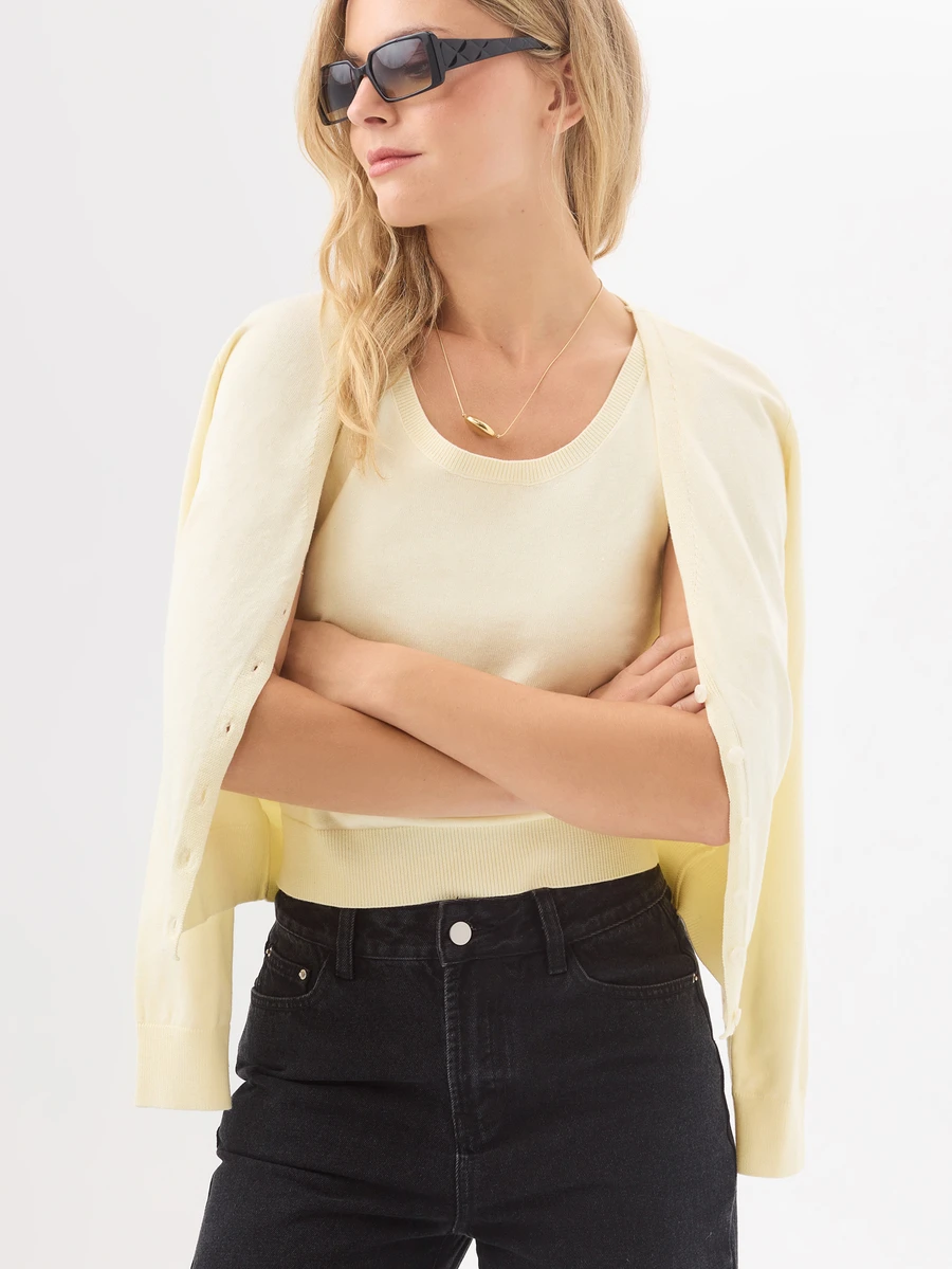 KÆRIA Hus Scoop Neck Sleeveless Knit Top & Cardigan Set - Linen Blend Knit - Butter Yellow - Minimalist, Layering, Preppy - Apricot - View 1