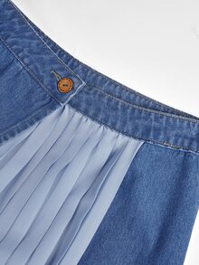 GlowEve Women's Waist Button Design Patchwork Pleated Casual Denim Skirt - Multicolor - View 4