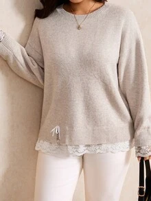 Elaquor Sweater Pullover Renda Ukuran Plus dengan Dekorasi Pita Manis - Krem - View 5