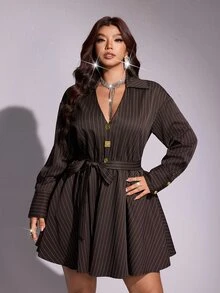 Viva Relle Plus-Size Women's Striped Shirt-Style Metal Button Decor A-Line Dress Fall - Coffee Brown - View 5