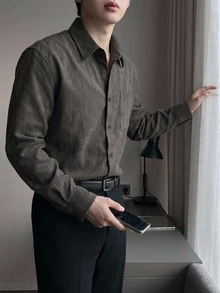 DAZY Spring/Autumn Grey Solid Color Korean Style Casual Men's Shirt - Grey - View 7
