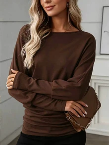 Elenzga 1pc Women's Plus Size Solid Color Round Neck Long Sleeve Casual Shirt, Suitable For Daily Indoor And Outdoor Wear In Autumn - Multicolor - View 4