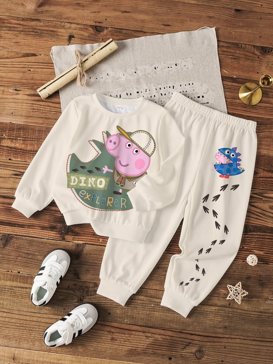Peppa Pig X SHEIN 小男孩卡通印花圓領長袖衛衣與運動長褲休閒套裝 - 白色 - 查看 1