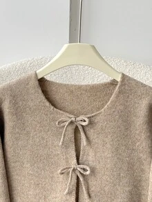 SHEIN 少女米色開襟衫，秋季休閒度假返校簡約舒適圓領長袖蝴蝶結少女冬季毛衣，波點 - 卡其色 - 查看 4