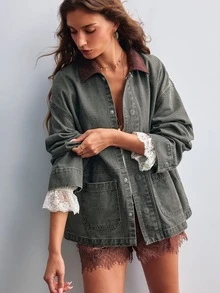 Willow Rêve Jaket Denim Hijau Wanita dengan Kerah Korduroi Kontras, Potongan Longgar - Hijau Tentara - View 4