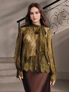 Anewsta Women's Autumn Lace Floral Vintage Green Minimalist Blouse - Army Green - View 4