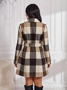 SHEIN Lady Women's Plaid Double-Breasted Long Sleeve Jacket - Coffee Brown - View 5