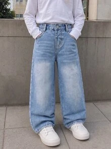 SHEIN 少女 Y2K 街頭日常彈力腰直筒牛仔褲 平口袋 日常 OOTD - 中等水洗藍 - 查看 4