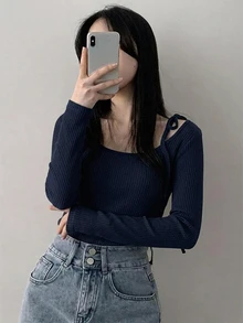 DAZY 女款繫帶式不對稱肩長袖時尚修身休閒T恤 - 藏蓝色 - 查看 4