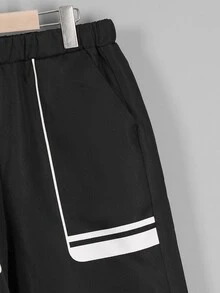 SHEIN 青少年秋季休閒寬鬆連帽拉鍊數位印花字母夾克，側邊對比色收口運動長褲，運動風兩件套，黑色 - 彩色 - 查看 7