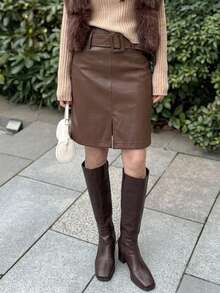 DAZY Women's PU Leather Casual Elegant Skirt - Brown - View 4