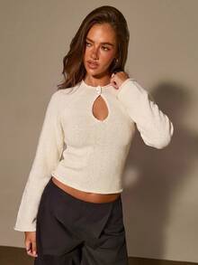 Athîral Women's Fit Off-White Knit Top,Textured Finish,Stand Collar,Keyhole Front,Button Closure,Flared Sleeves,New Chinese Style,Date,Long Sleeve Sweaters - Beige - View 5