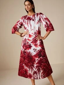 LOTSLUV Women's Autumn Elegant Commute, Red And White Landscape Positioning Print, Round Neck Puff Sleeve, Loose Fit Printed Short Dress - Red and White - View 4
