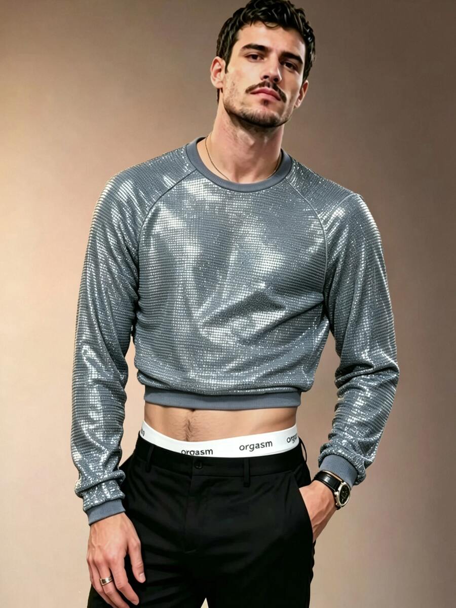 ZURIURI Men's Sequin Raglan Long Sleeve Cropped Top, Slim Fit, Flattering, Brand, Casual Daily Wear T-Shirt - Grey - View 1