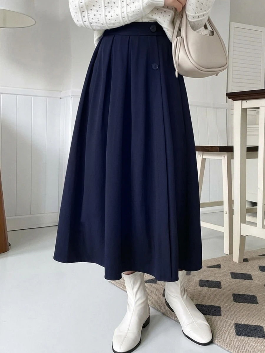 DAZY Autumn/Winter High Waist Navy Blue Button Decor Pleated A-Line Umbrella Skirt Elegant Sweet Commute Daily Women's Skirt - Navy Blue - View 1