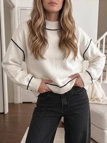 Easowa Sweater Lengan Panjang Kasual Harian Wanita dengan Motif Blok Warna - Putih - View 6