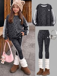 Sparklyn Leopard Print Kids 2 Pieces Set, Dark Gray Base With Classic Leopard Print, Round Neck Loose Drop Shoulder Sweatshirt, Paired With Slim Fit Long Pants, Comfortable And Casual For Daily Outings And Activities, Simple Yet Fashionable - Grey - View 1