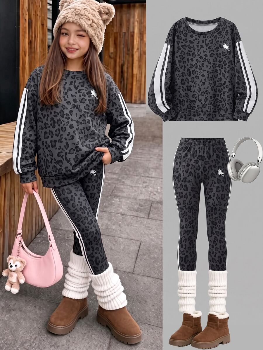Sparklyn Leopard Print Kids 2 Pieces Set, Dark Gray Base With Classic Leopard Print, Round Neck Loose Drop Shoulder Sweatshirt, Paired With Slim Fit Long Pants, Comfortable And Casual For Daily Outings And Activities, Simple Yet Fashionable - Grey - View 1