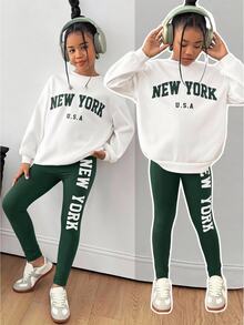 SHEIN 青少年女孩休閒圓領長袖字母印花衛衣套裝，秋季，秋季服飾，秋季穿搭，秋冬，聖誕/萬聖節，套頭 - 彩色 - 查看 8