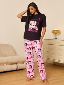 Betty Boop x SHEIN Women's Cartoon Print Short Sleeve Top And Long Pants Casual Daily Home Sleepwear Set - Black and Pink - View 5