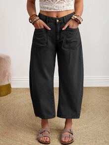 EMERY ROSE Quần jean denim phong cách thời trang đường phố size lớn có túi và cúc cài - màu đen - Xem 3