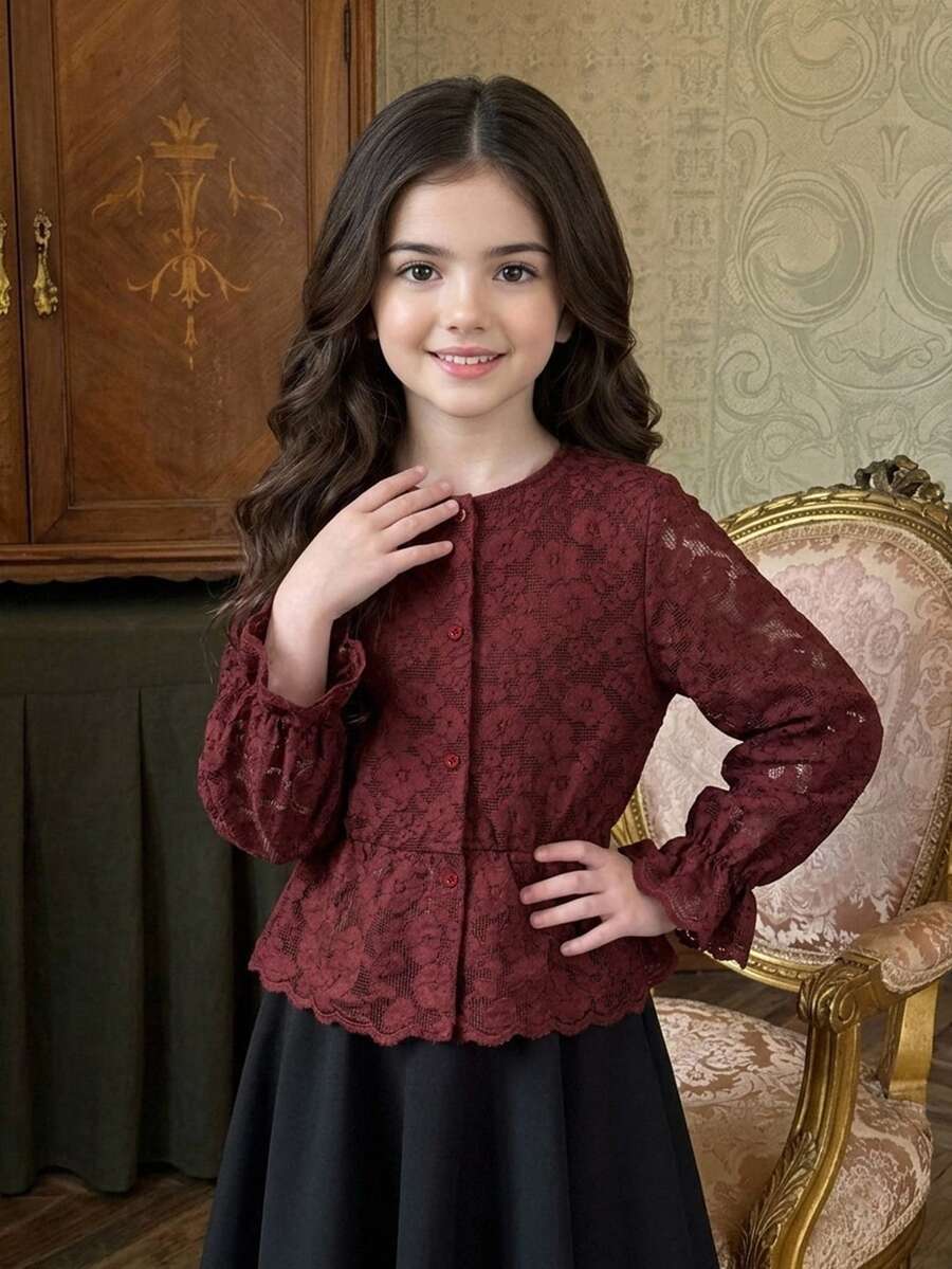 DAZY Tween Girl Lace Casual Versatile Daily Wear Blouse - Burgundy - View 1