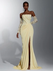 Elitara Elegant Luxurious Yellow Sexy Strapless Satin Contrast Lace Ruched Slit Back Tie-Up Braided Rope Decor Mermaid Dress For Wedding Events, Bachelorette Party, Vacation, Ball, Evening Gala - Yellow - View 4