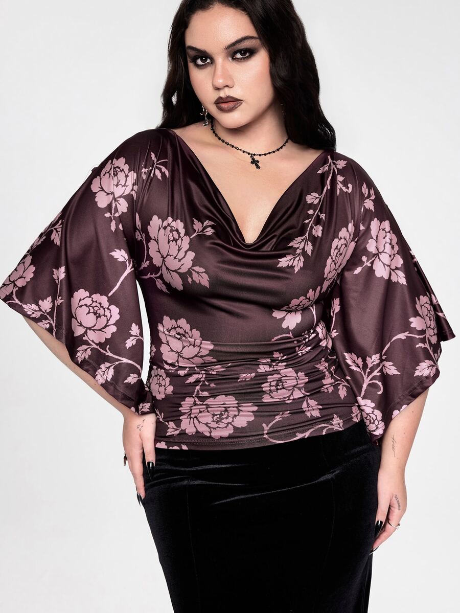 ROMWE Goth 大尺碼女款磚紅色花卉印花荷葉邊下擺飛袖上衣 - 酒紅色 - 查看 1