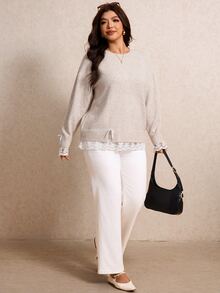 Elaquor Sweater Pullover Renda Ukuran Plus dengan Dekorasi Pita Manis - Krem - View 3