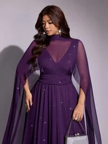 Viva Relle Plus Size Premium Rhinestone Sheer Loose Fit A-Line Evening Dress - Purple - View 7