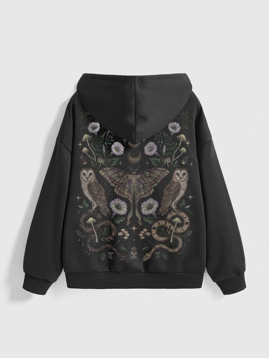 ROMWE Goth Plus Size Women Butterfly Floral Print Casual Everyday Sweatshirt - Black - View 1