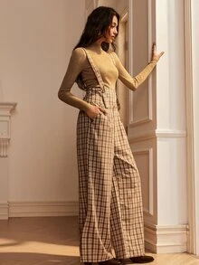 Écloséra Overall Model Celana Lebar Khaki Vintage Kotak-kotak Gaya Prancis - Coklat - View 5