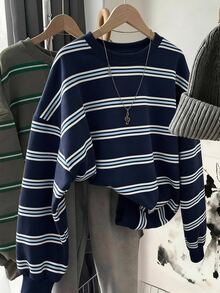 Comfylo 大尺碼女款條紋休閒日常長袖運動衫 - 藍色 - 查看 4