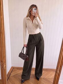 Avantive Women's Solid Color Asymmetric Button Placket Pocket Casual Suit Pants - Rust Brown - View 11