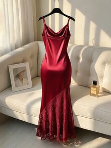 Franclia Women's Elegant Glossy Satin Knit Elastic Fabric Commuter Inner Wear Party Gathering Spaghetti Strap A-Line Dress - Burgundy - View 2