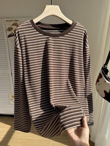 Comfortcana Plus Size Autumn/Winter Vintage Stretch Knit Striped Textured Loose Drop Shoulder Long Sleeve T-Shirt - Brown - View 3