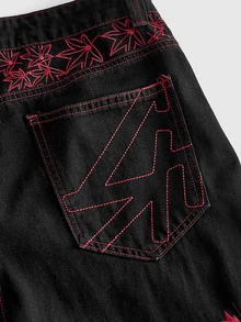 ROMWE MEN Men's Embroidered Pattern Loose Fit Jeans - Black - View 5