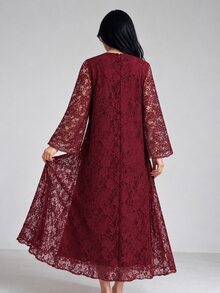 Al Najma Women Spring Fall Elegant Wine Red Lace Square Neck Flare Sleeve Pink Bow Decor Loose Dress Modest Outfit For Banquet And Visiting - Burgundy - View 3