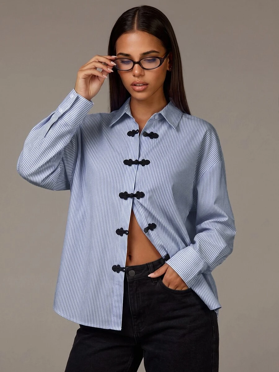 Athîral Women's Autumn Casual Loose Striped Contrast Color Frog Button Shirt, Suitable For Daily Wear, Commuting And Office - Navy Blue - View 1