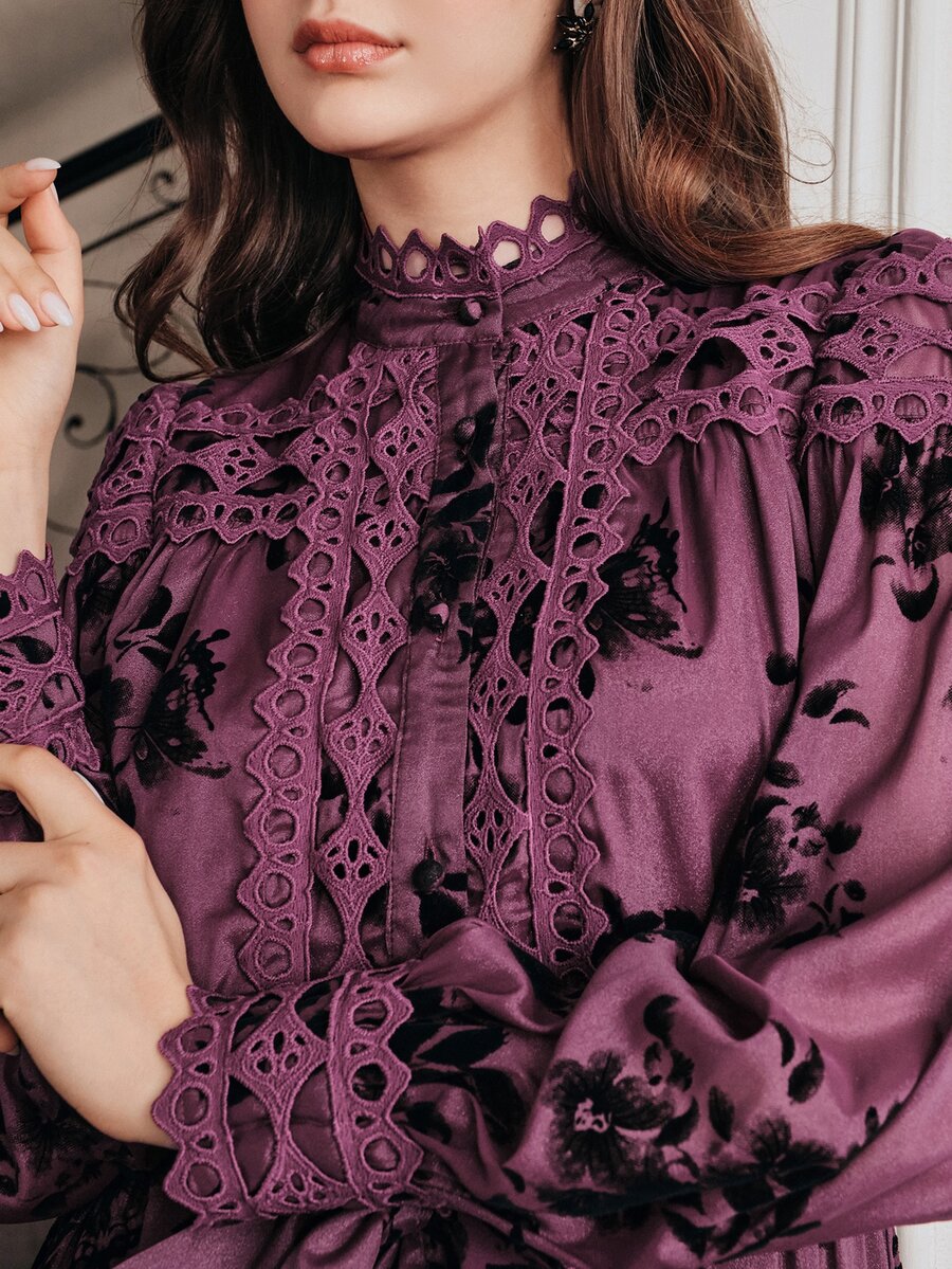 Anewsta Autumn/Winter Fashion New Satin Layered Flocked Floral Patchwork Multi-Layer Ruffle Small Stand Collar Long Sleeve Dress - Purple - View 1