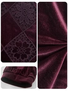 EMERY ROSE Plus Size Women's Round Neck Long Sleeve Hollow Embroidery Patchwork Embroidered Simple Casual Versatile Top - Burgundy - View 3
