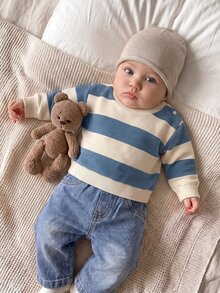 Newborn Baby Minimalist Striped Round Neck Winter Top And Pocket Denim Pants Set - Dusty Blue - View 6