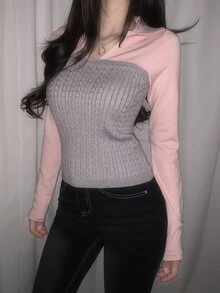 DAZY Women's Colorblock Fitted Long Sleeve Collared Cable Knit Casual Vacation Korean Style Versatile Everyday Autumn/Winter Sweater - Grey - View 4
